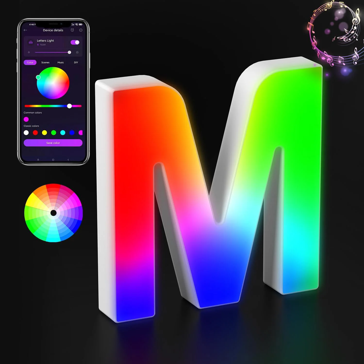 Illuminated Glitter Alphabet LED Light with Color-Changing and Music Sync Features