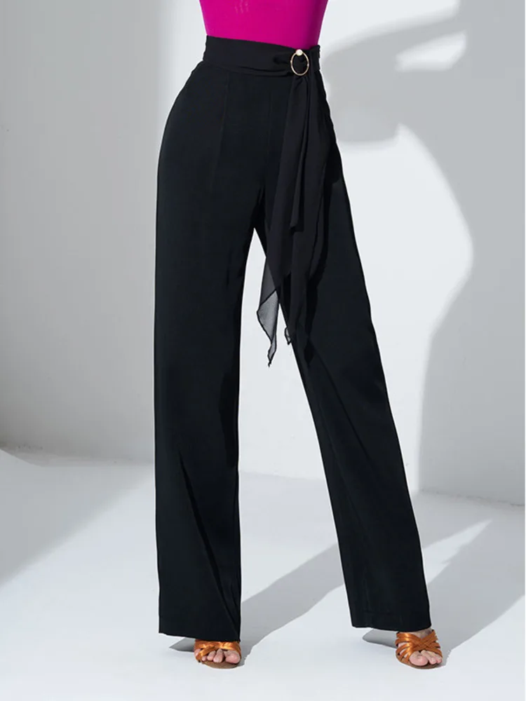 

Solid Color Ballroom Dance Standard Pant Jazz Line Women Classical High Waist Elegant Party 2024 Latin Bandage Wide Leg Trousers