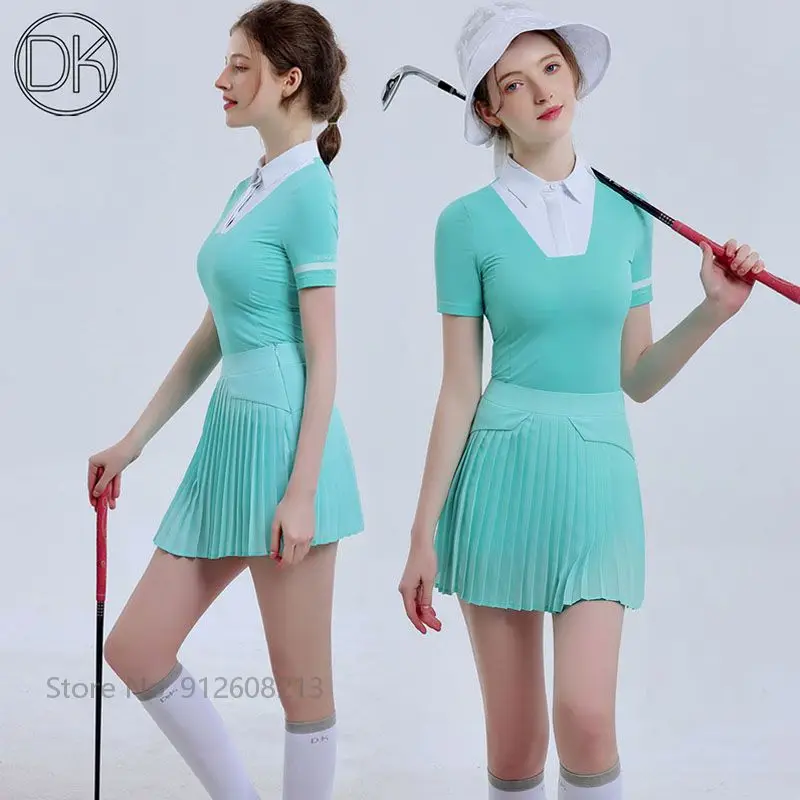 

DK Women Green Golf Clothes Short-sleeve Sports T-shirts Dry Fit Polo Shirt Female High Waist Golf Culotte Elegant Skirts Sets