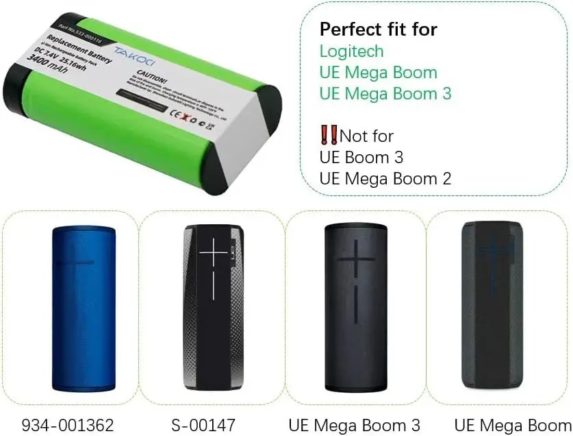 Replacement Battery for Logitech S-00147, UE MegaBoom 533-000116, 533-000138 7.4V/3400mAh
