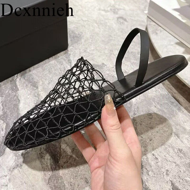 

Flat Soled Sandals Women Round Open Toe Sandalias Mesh Weave breathable Slipper Summer Casual Shoes Outdoor Vacation Beach Shoes