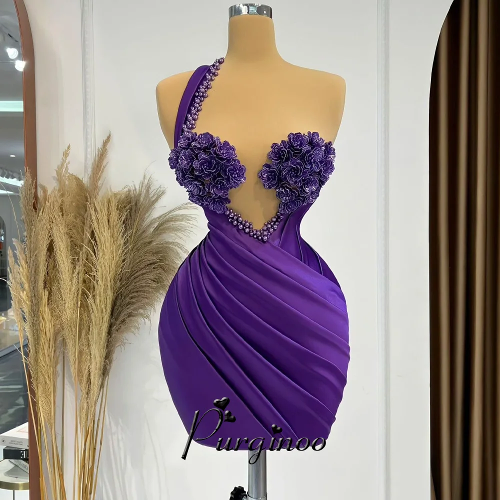 Purginoo Flowers Cocktail Dresses for Women Mini One Shoulder Sleeveless Pearls Vestidos De Noche Customized
