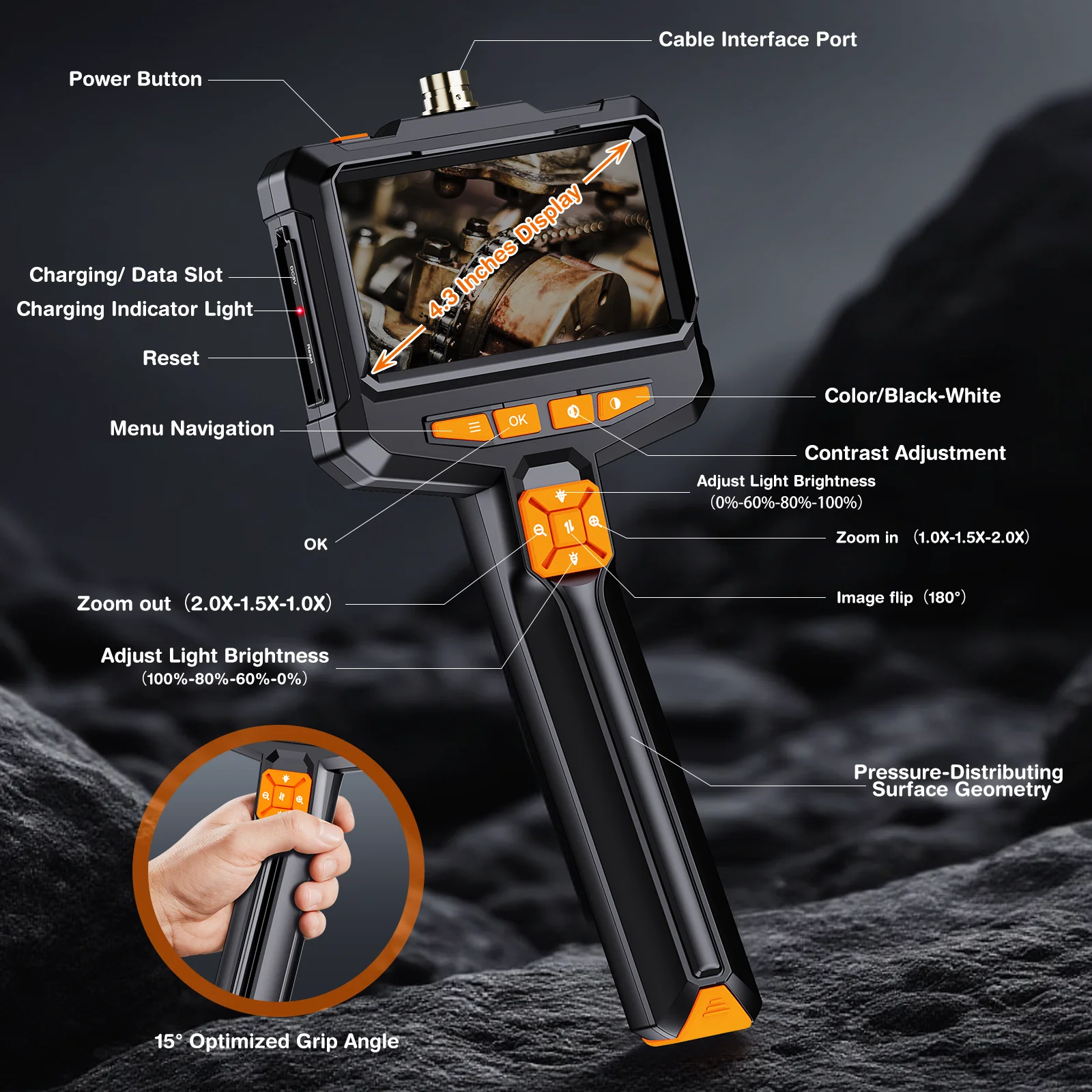 4.3 Inch Handheld Industrial Endoscope 16.4FT Semi-Rigid Cable Borescope HD Insp