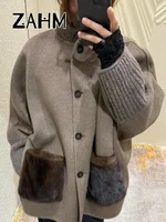 Casual Knitted Faux Fur Patchwork Coat Women Turtleneck Single Breasted Pocket Coats Female 2025 Winter Lady Knitwear New 5