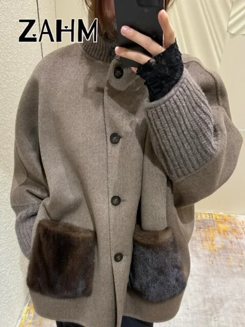 Casual Knitted Faux Fur Patchwork Coat Women Turtleneck Single Breasted Pocket Coats Female 2025 Winter Lady Knitwear New 5