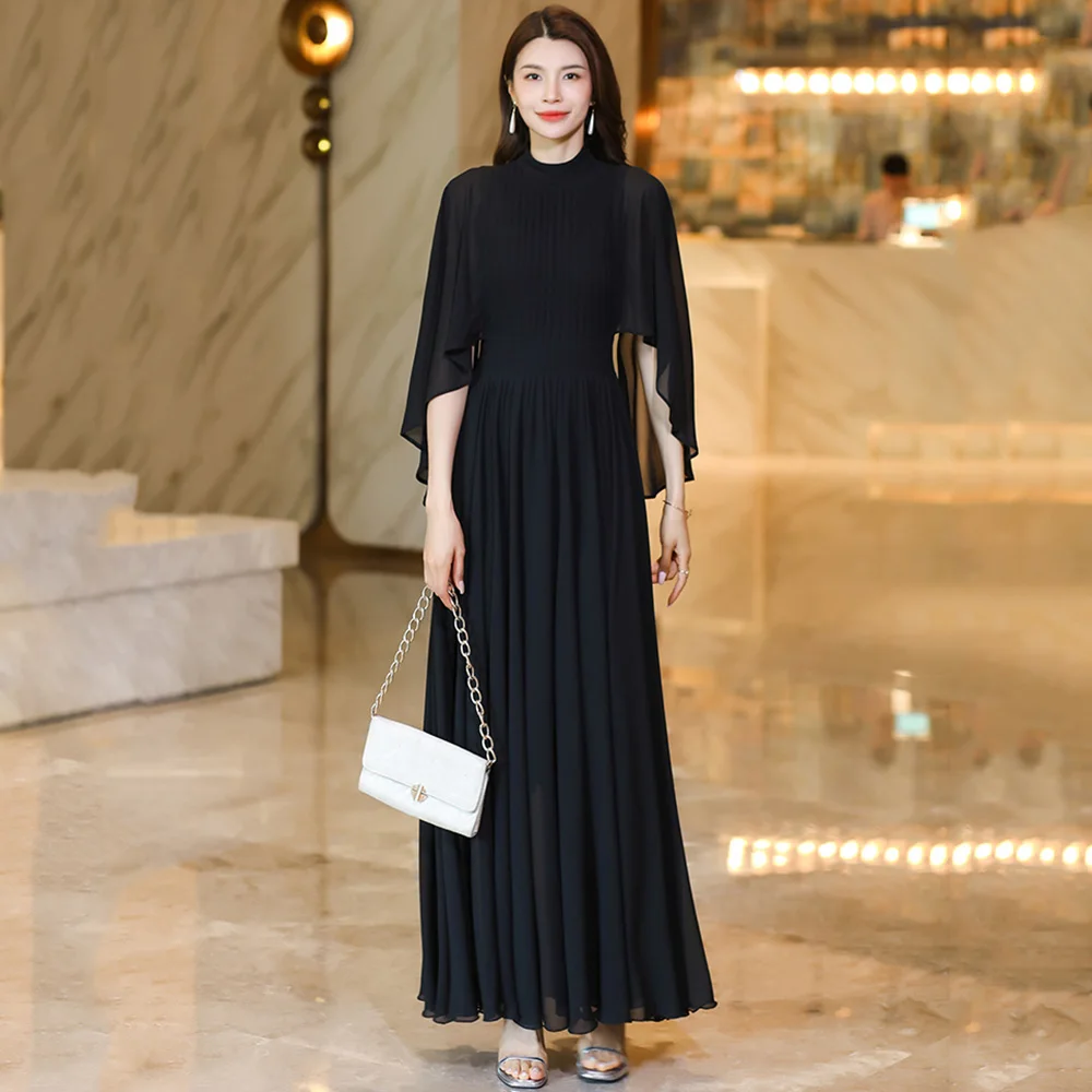 

New Women Summer Black Cloak Dress Fashion Small Stand Collar Half Sleeve Slim Waist Holiday Dress Elegant Flowing Chiffon Dress