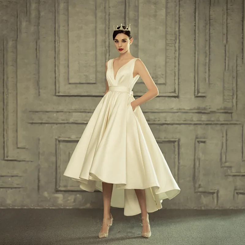 

Женское атласное платье с V-образным вырезом, короткое и длинное свадебное платье с глубоким V-образным вырезом спереди, простое удобное платье для выпускного вечера, 2024