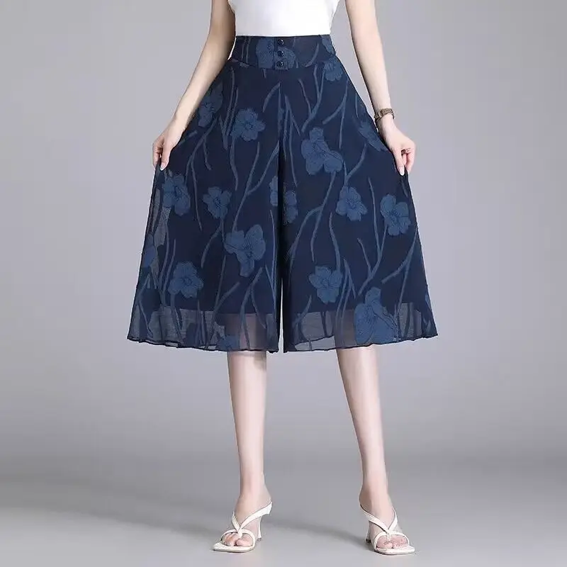 2023 New Summer Casual Printing Solid Color High Waist Wide Leg Pants Ladies Fashion Buttons Loose Elastic Waist Pants Pocket