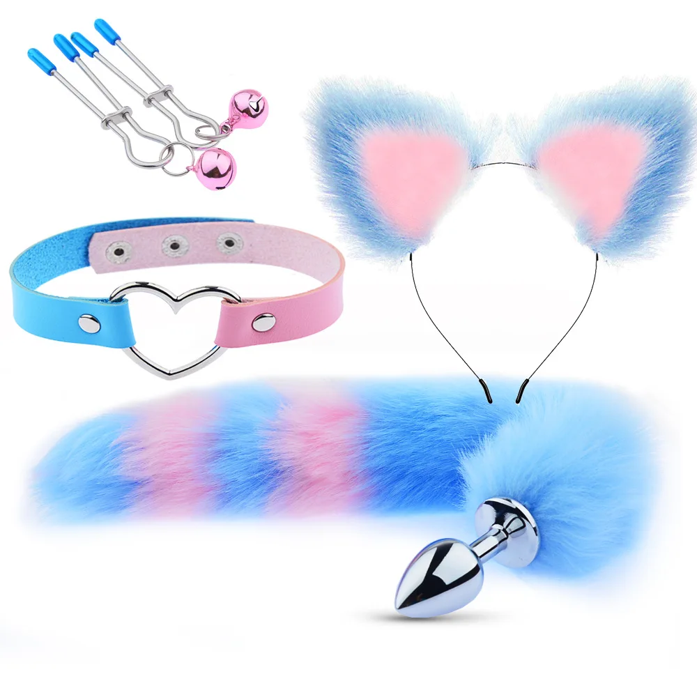 4pcs Sex Toys for Women Harness Goth Exotic Accessories Set Cute Headband Tail Plug Heart Collar Nipple Clamps Bondage Gear BDSM |