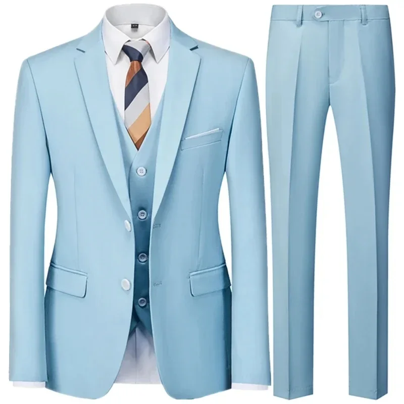 Men Casual Business Suit 3 Pieces Set Male Dress Blazers Jacket Two Button Blazers Trousers Pants Vest Waistcoat mens suit