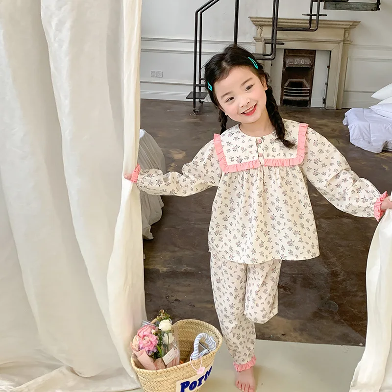 

Girls Pajamas Set 2023 Spring and Autumn Homewear Large Lapel Floral Sweet Top and Pants Casual Simple Two Piece Set Girls