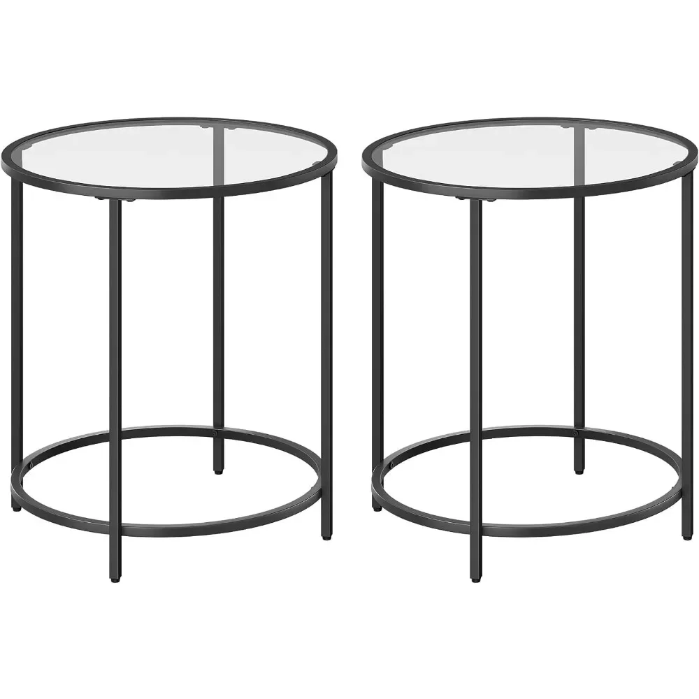 

VASAGLE Round Side Tables, Set of 2, Glass End Tables with Metal Frame, Black Coffee Tables with Modern Style, Black