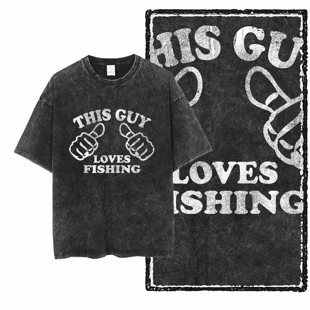 YB FISHING THEME Acid Washed Graphic Unisex Cotton T-Shirt - Cool Streetwear, Big Size