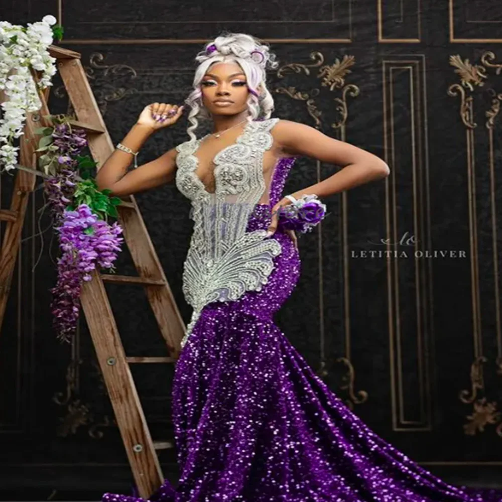 

Black Girls Purple Prom Dress 2024 Rhinestone Crsytal Mermaid Evening Gowns Luxury Beaded Birthday Occasion Party Gowns