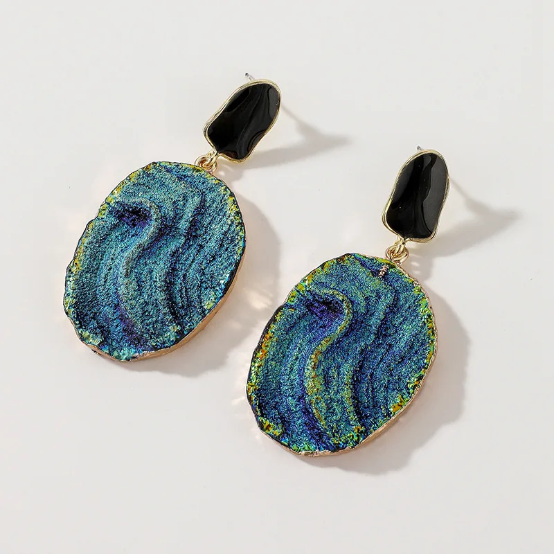 

European and American Women's Blue-Green Color-Changing Oil Painting Oval Earrings Exaggerated Geometry Earrings