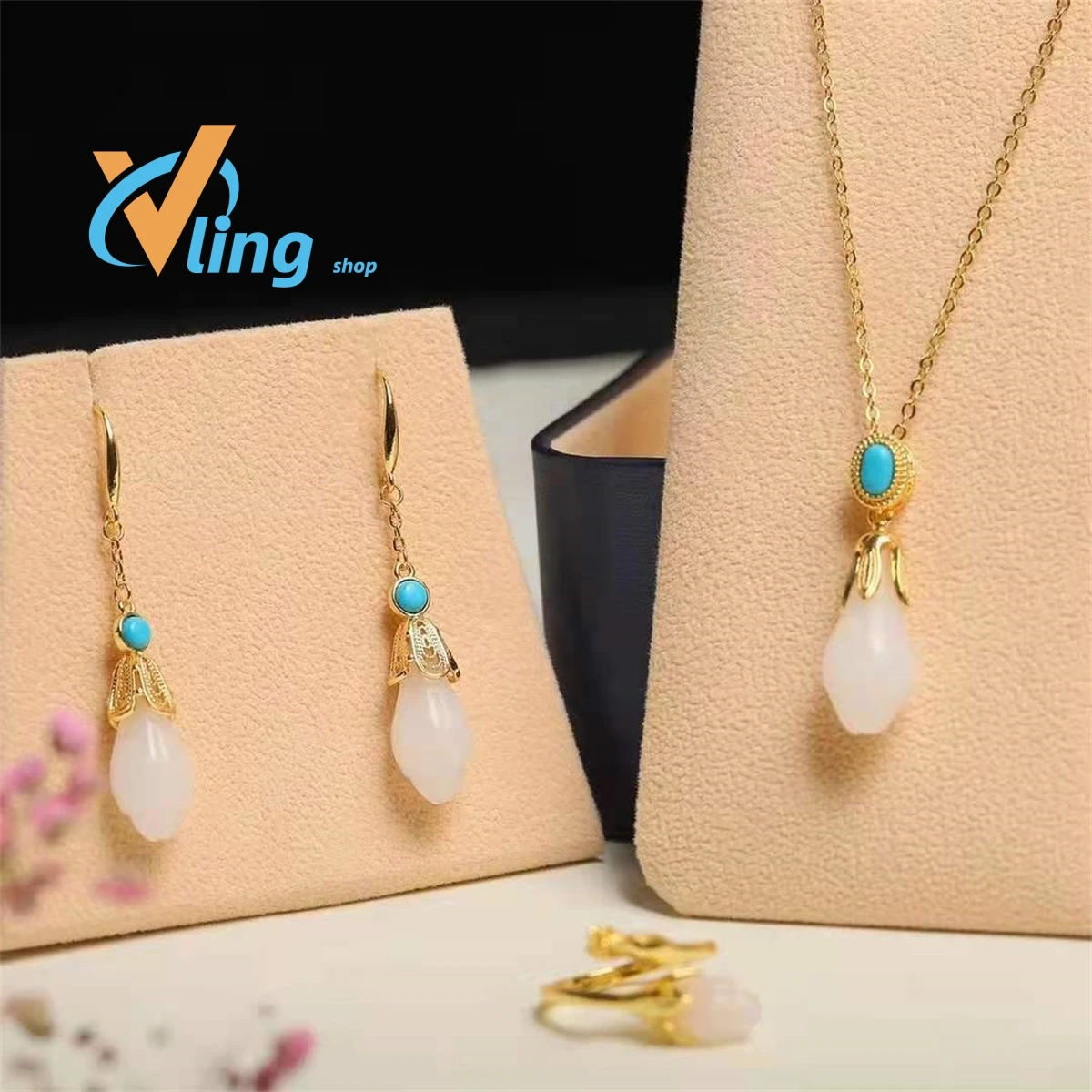 Wholesale Inlaid Gold Wire Jade Orchid Set Of Rings Necklace Earrings Charm RetroThree Piece Set Of Antique JewelryFashion Gift