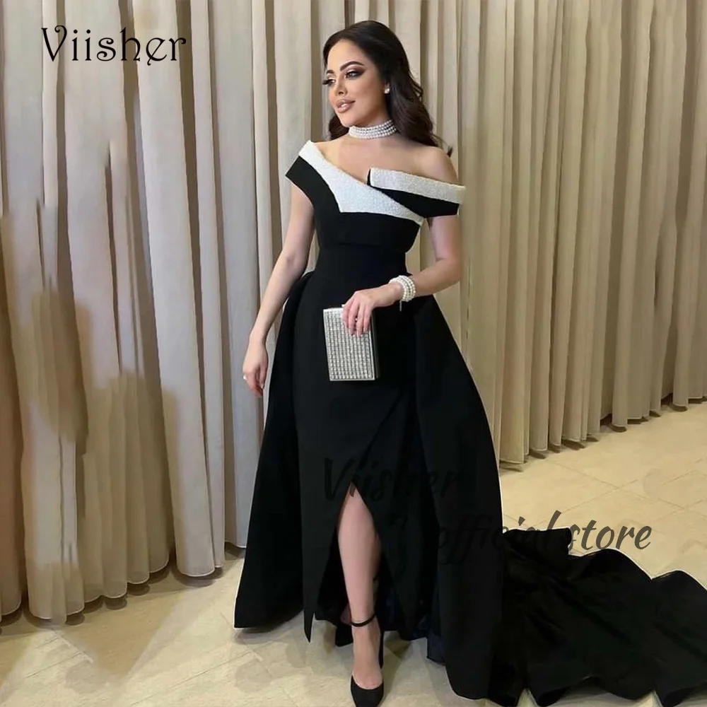 

Viisher Black A Line Saudi Arabia Evening Dresses Off Shoulder Pleats Satin Dubai Formal Dress with Slit Long Celebrate Gowns