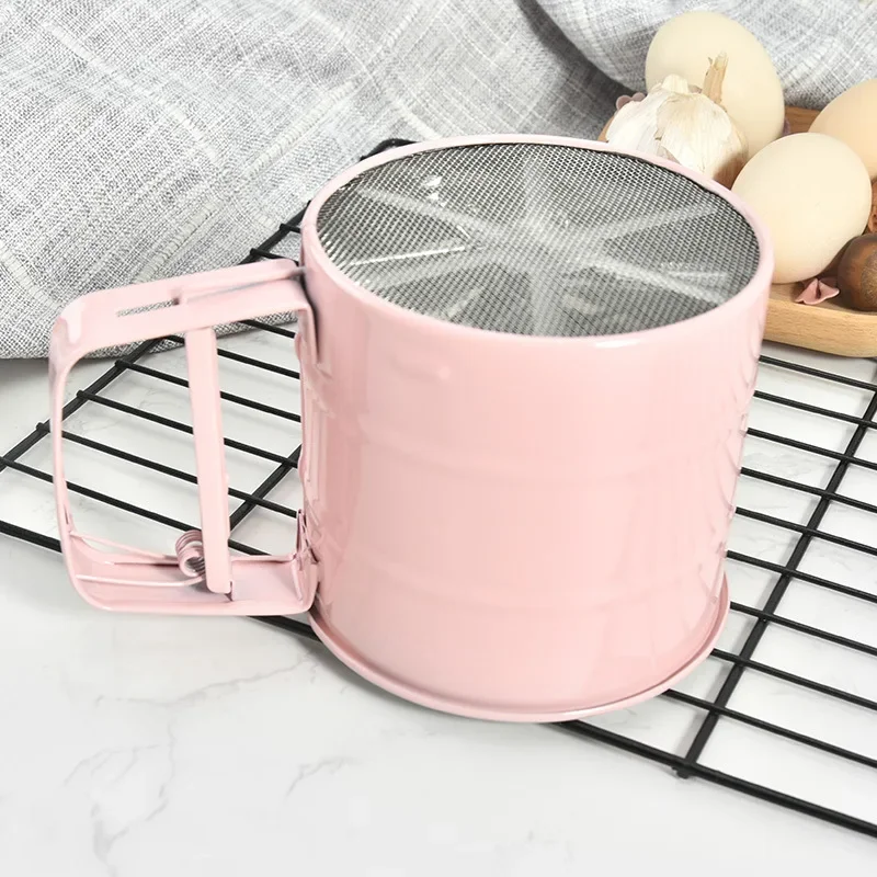 Flour Sifter Baking Tool Semi-automatic Hand-Held Flour Shaker Hand Pressing Type Sieve Pink Kitchen Accessories Cake