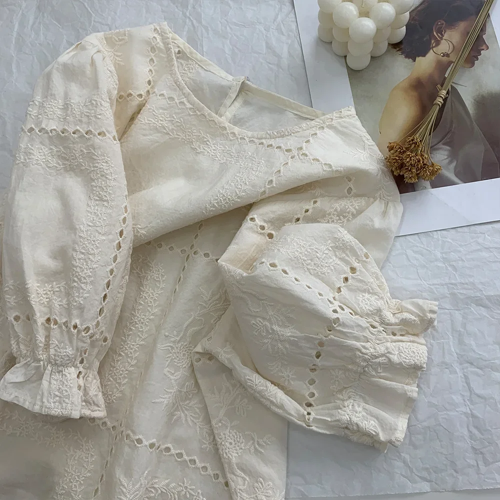 

Vintage Frenchy Cotton Embroidery Eyelet Lace Hollow Out Puff Sleeve Blouse Retro Rococo Victorian Edwardian Pullover Shirt Tops