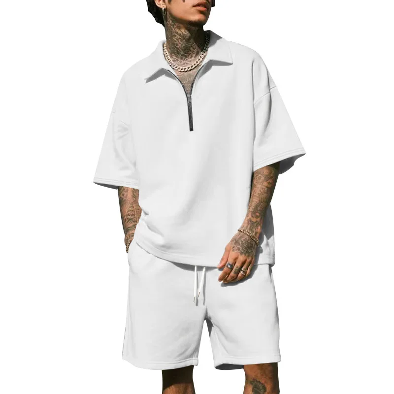 Herren Hip-Hop Baggy 2-Teilige Sets Sommer Einfarbig Reißverschluss Polo-Top Shorts Lässige Mode Streetwear Outfits – Detail 2