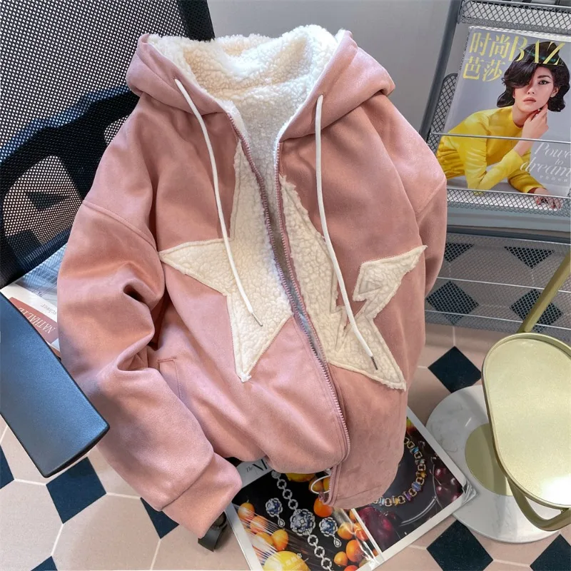 

Korean Style Sweet Pink Star Patchwork Hooded Drawstring Zipper Cotton Padded for Women 2023 Winter Warm Casual Chic Coat