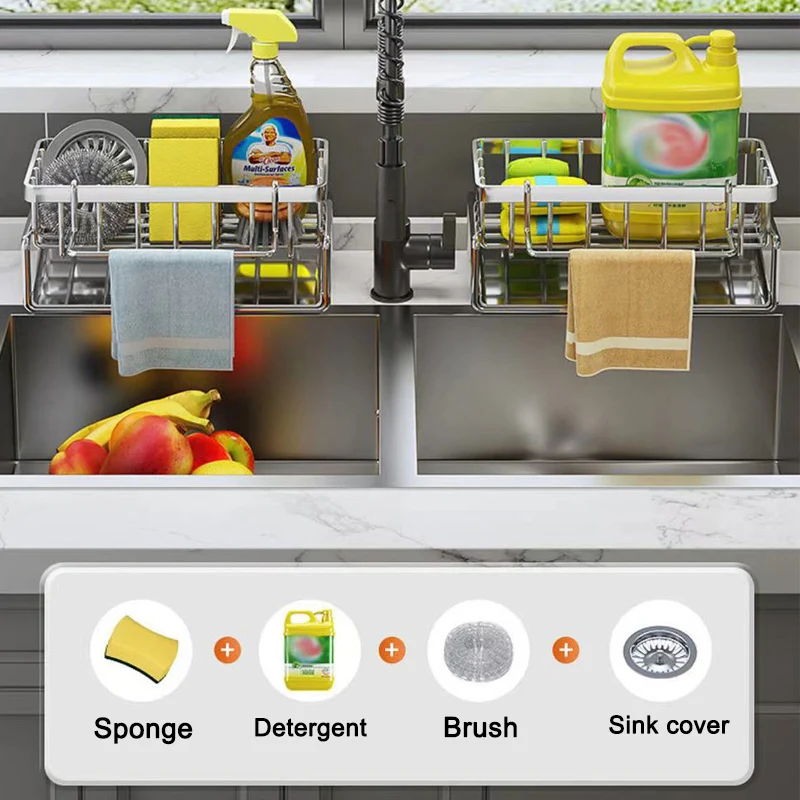 Sink Cleaning Tools Storage Rack Kitchen Multifunctional Stainless Steel Drain Rack for Sponge Cleanser Organizer Rag Hanger 4