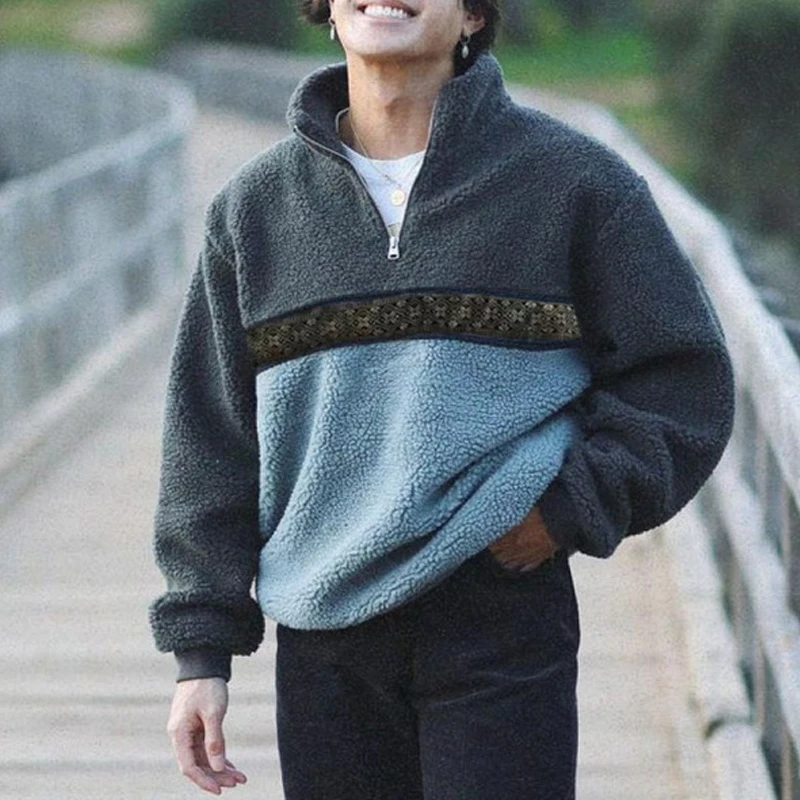 

New Fashion Zipper Stand Collar Wool Hoodie Tops Men Streetwear Casual Long Sleeve Loose Fleece Sweatshirts For Mens Jumper Tops