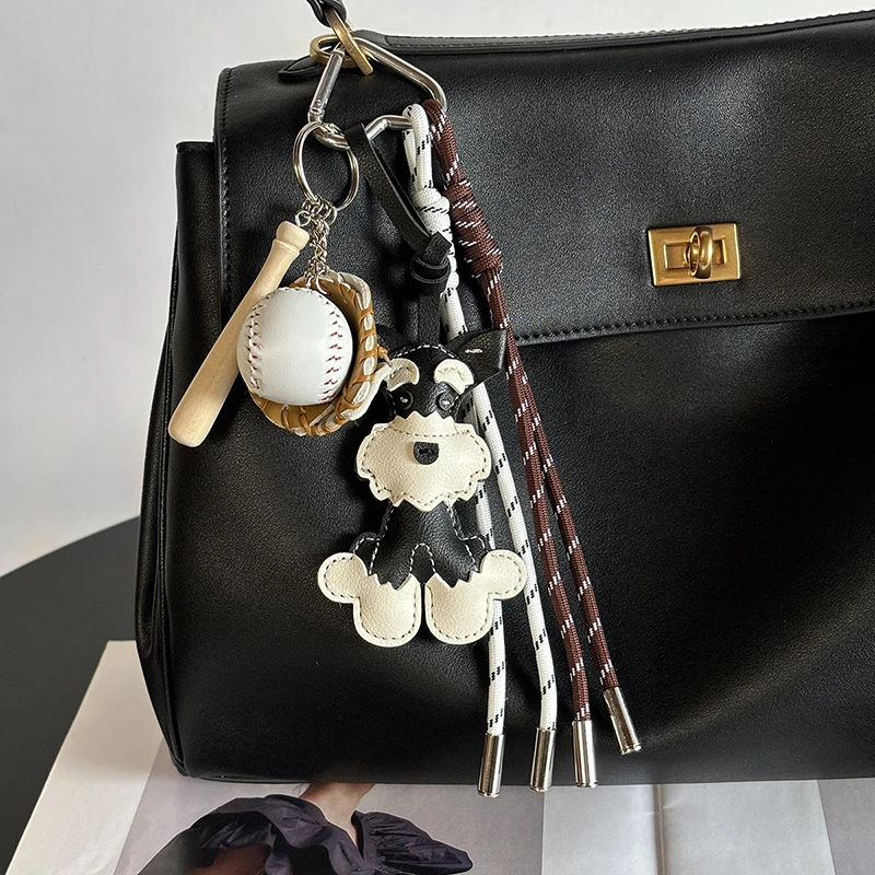 Cute Schnauzer Cartoon PU Leather Keychain for Women Dog Puppy Pendant Backpack Ornament Keyring Animal Shaped Key Chain