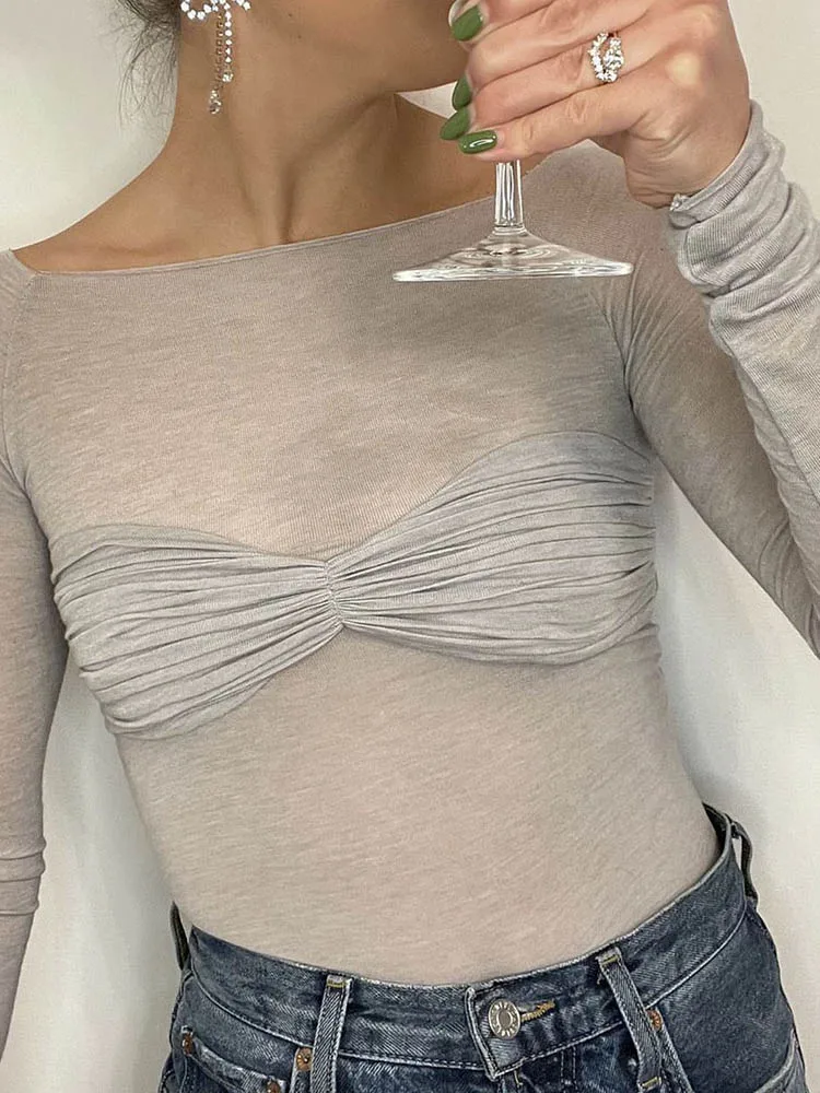 Sexy Long Sleeve Shoulder Gauze T-shirts Women Slim Solid Versatile T-Shirt 2025 Spring Female Fashion Off Shouler Tops