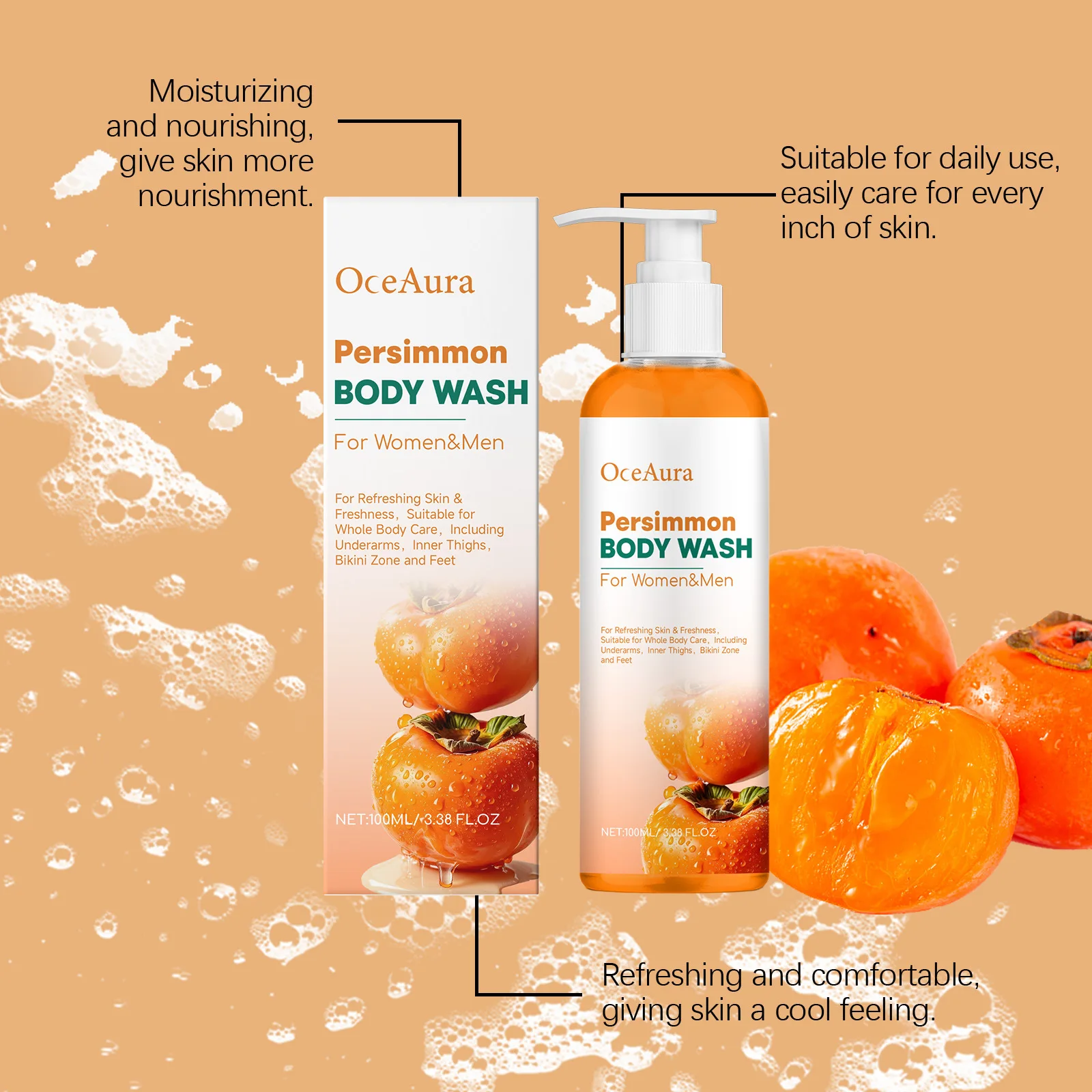 Persimmon Body Wash, natürliches Deodorant, feuchtigkeitsspendendes, erfrischendes Bad-Duschgel, sanfte Reinigung, geruchsneutrale Füße, starker Geruch entfernen – Detail 7