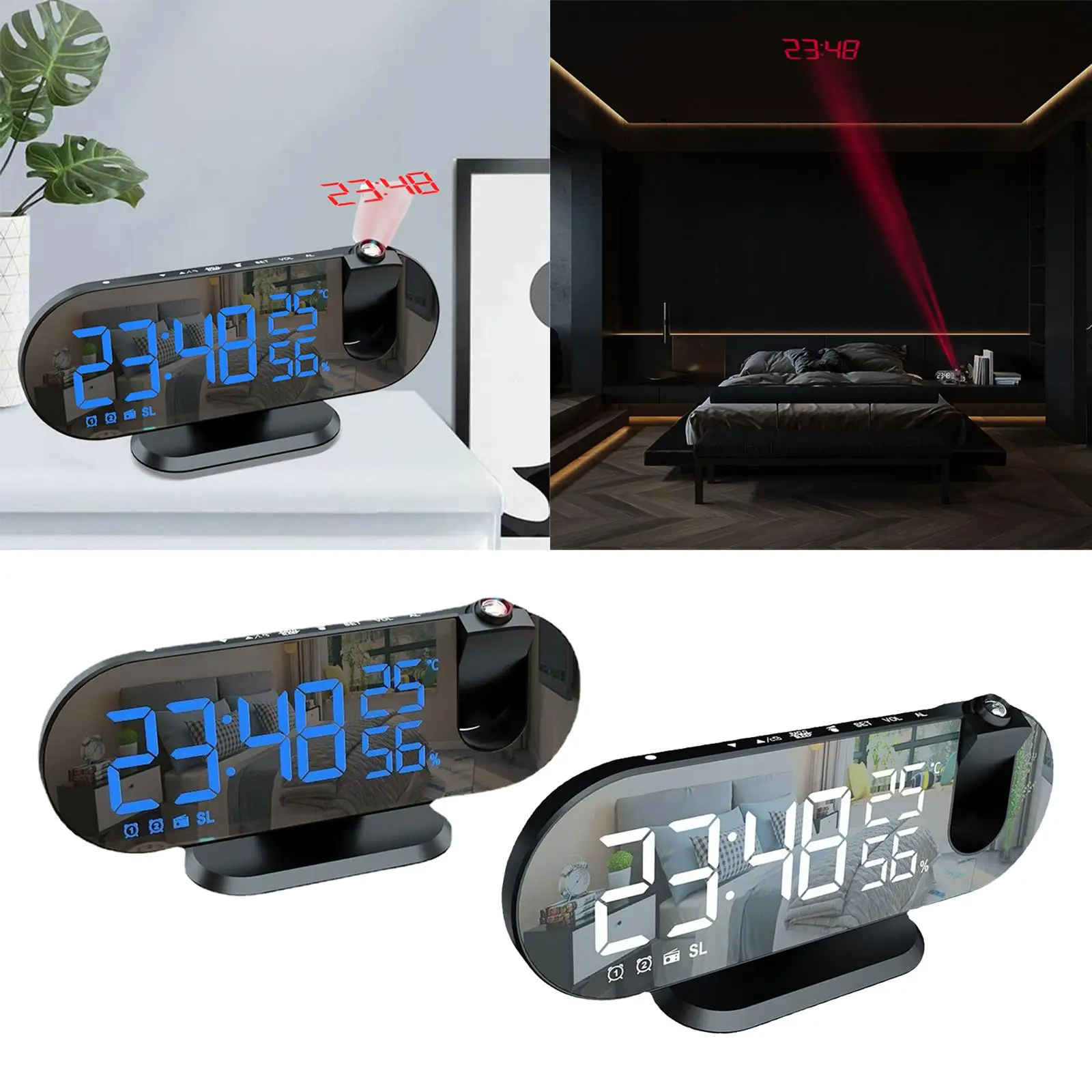 Electronic Digital LED Mirror Alarm Clock Projector USB Rechargeable Temperature 2