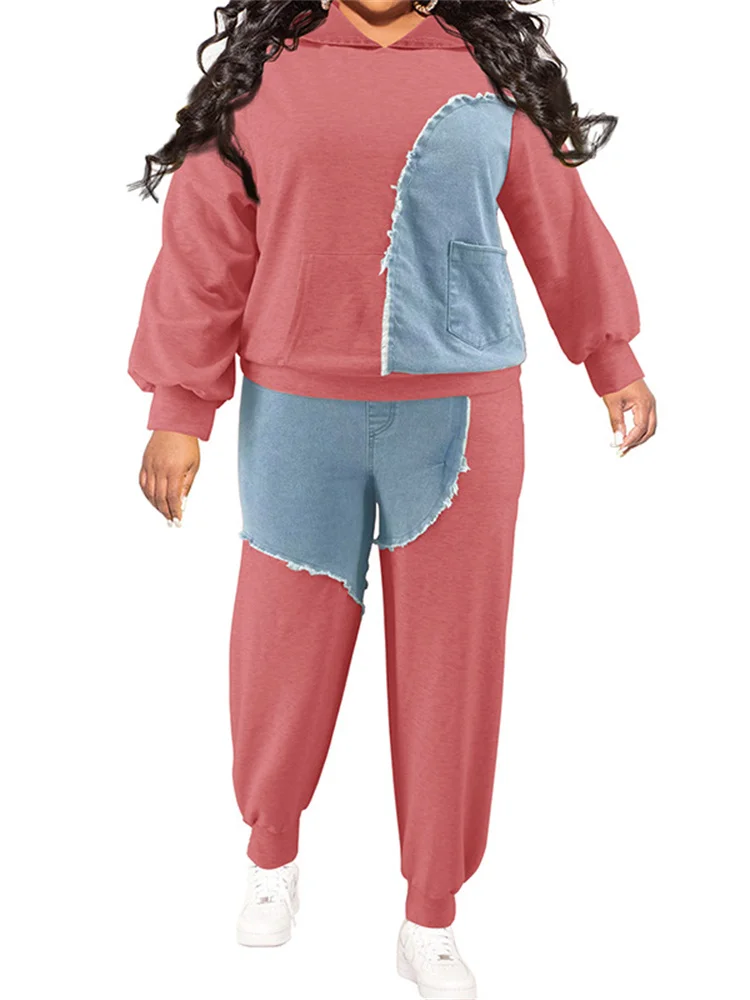 Winter Plus Size Women Clothing Hoodies Two Piece Set Patchwork Joggers Tracksuit Sweatsuit Matching Wholesale Dropshipping