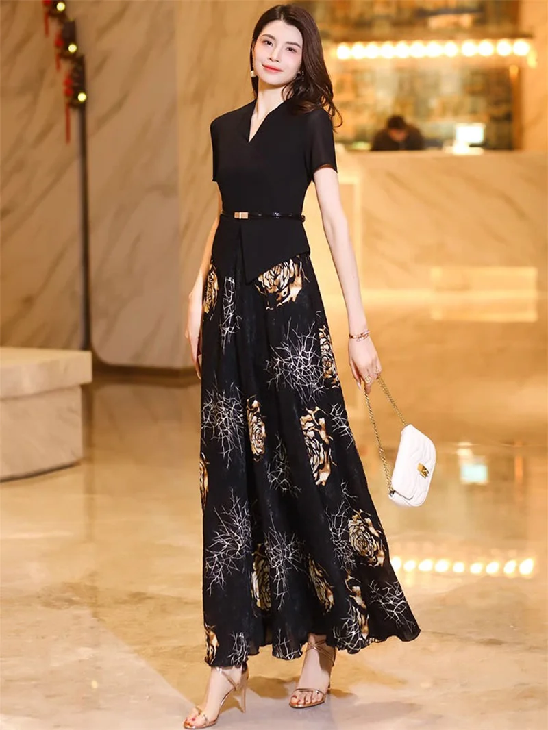 Elegant Summer Dress Short Sleeve High End fake Two-Piece