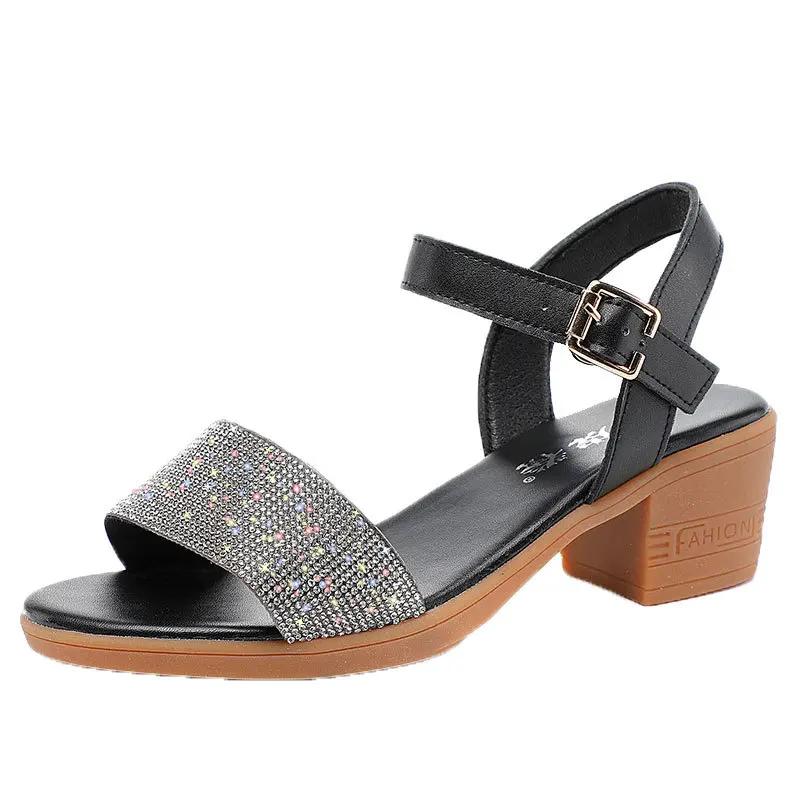 

Fashion All Match Med Block Heels Bling Rhinestone Shoes Summer 2023 New Platform Sandals for Office Mother Beach Dance