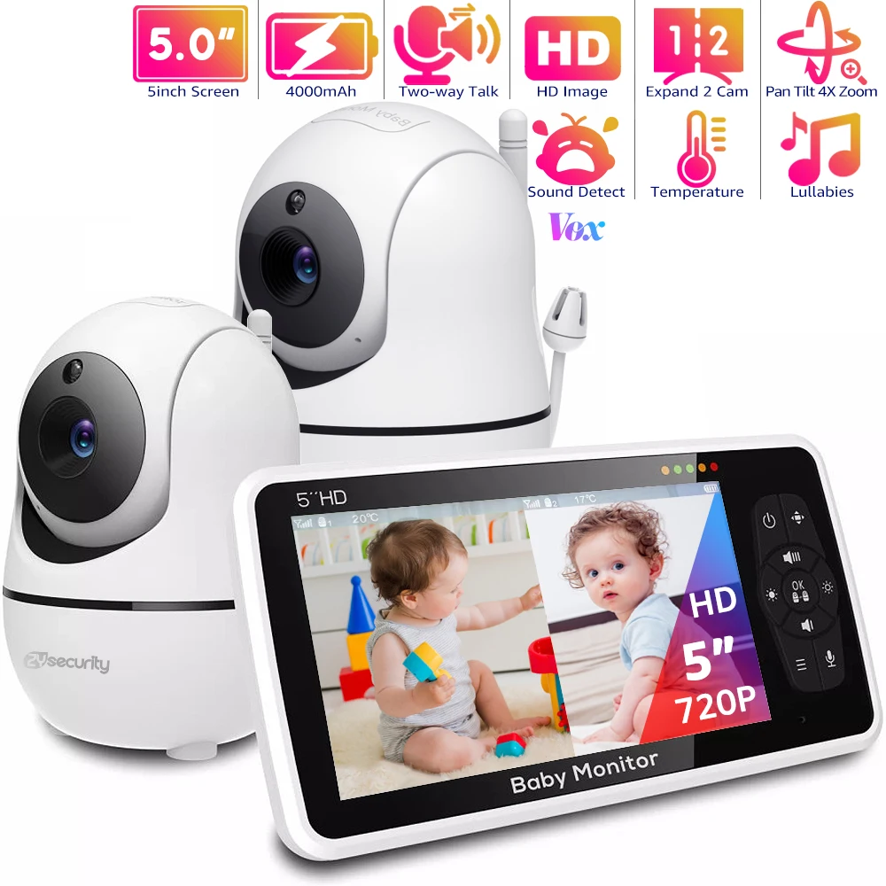 

5''HD Baby Monitor with 2 Cameras Pan-Tilt 4X Zoom 2-way Audio Baby Camera Nanny Night Vision 22-Hour Batterr Video Babysitter