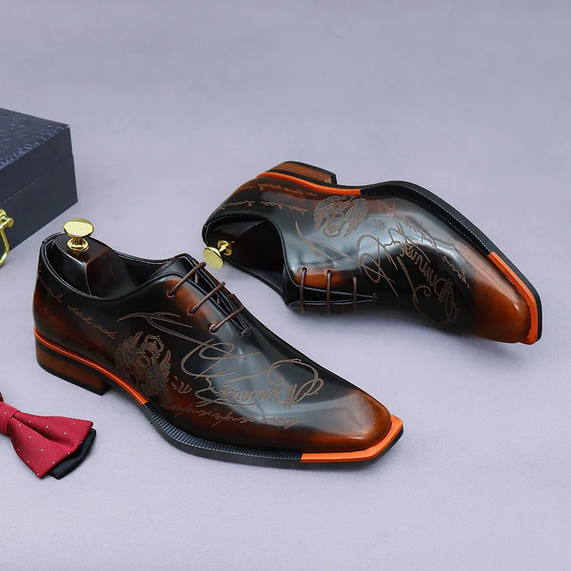 Embossed Printed Business Formal Cowhide Men's Oxfords Genuine Leather Casual Lacquered Shiny British Shoes