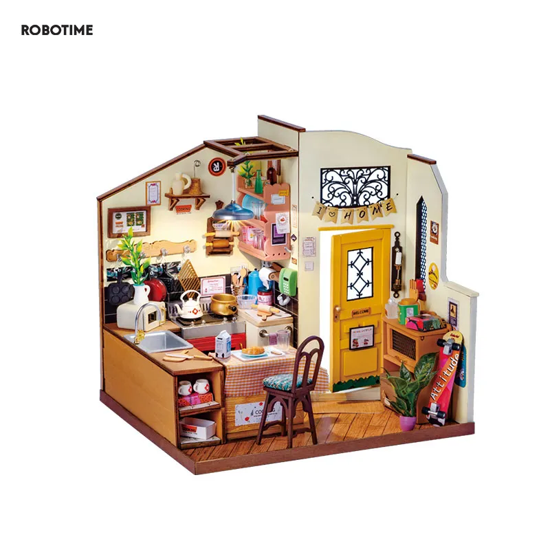Robotime Rolife Miniature House for Kids Adult  Homey Kitchen Pre-painted Dollhouse Building Blocks Set 3D Wooden Puzzle Toys