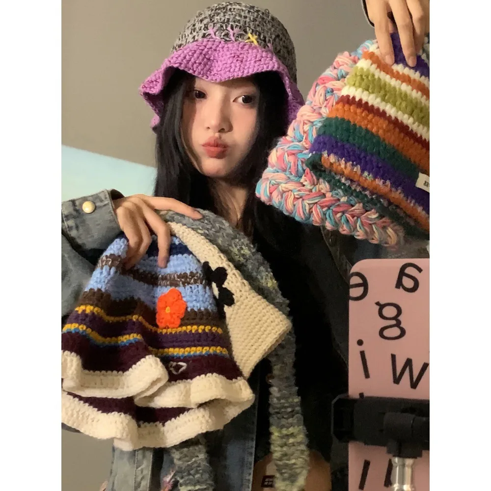 

2023 New Winter Knitted Wool Hat For Woman Fashion Colorful Striped Fisherman Hat Flower Sweet Fisherman Hat Warm Cold Hat