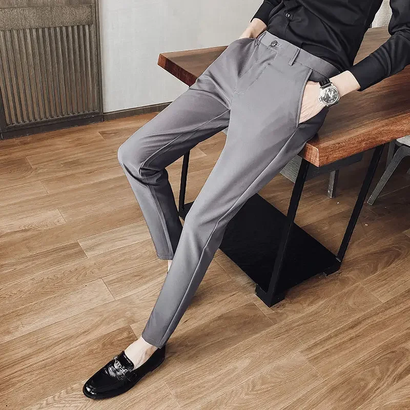 thumbnail image 1 of Pantalones de traje de hombre de corte entallado con tresillos y talla grande para hombre, 9 pantalones cortos de verano 2024, formales, delgados, informales, coreanos, muchas reseñas, 1 of 5