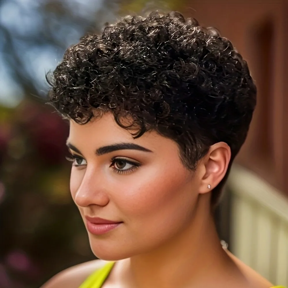 Peluca de cabello humano para mujer, adecuada para corte afro rizado/doce Pixie, gorro de red rosa, duradero y fácil mantenimiento, completamente hecho a máquina