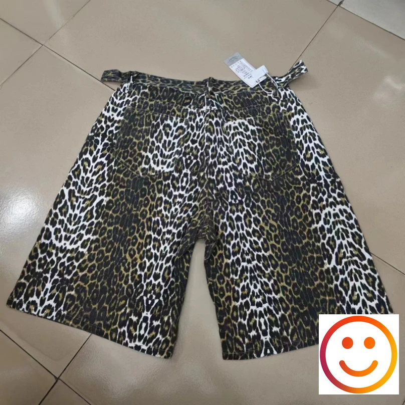High Quality Leopard Print Denim Shorts Summer Men Women Hip Hop Outside Casual Shortpant