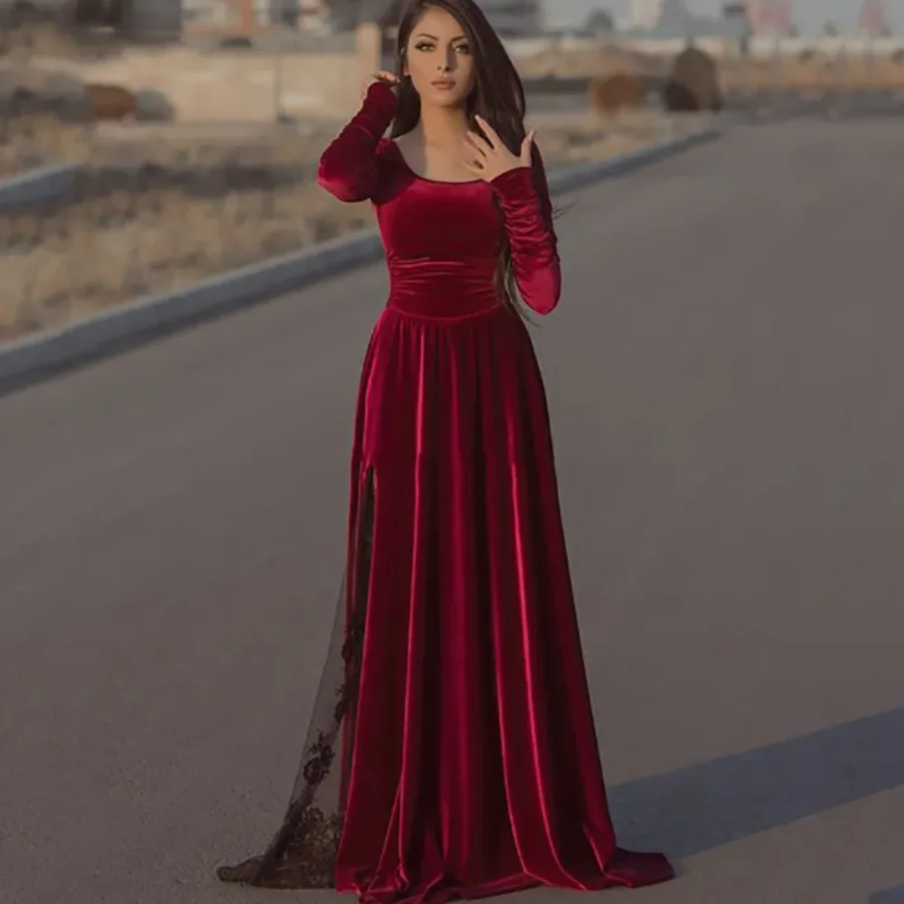 

Velvet Prom Gowns 2024 Elegant A-Line Appliques Lace Long Sleeve Simple Low Split Pleated Evening Party Dress Custom Formal Wear