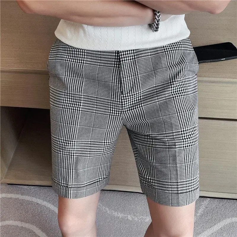 남성용 얇은 반바지, 한국 패션, 트렌디 격자 무늬 세트 바지, 비즈니스 슬림, 캐주얼 하프 팬츠, 상쾌하고 시크한 착용, 2024 여름