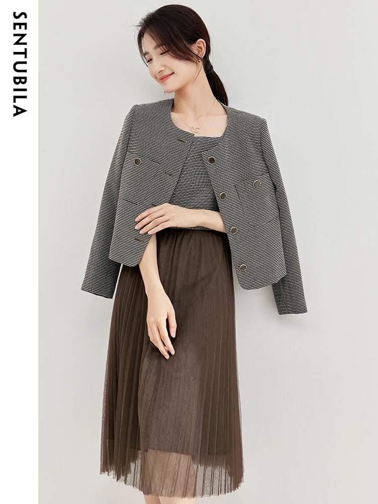 Sentubila Fashion Office Ladies Tweed Two Piece for Women 2023 Autumn Round Neck Jacket Top Pleated Tank Dresses Sets 133Z50676