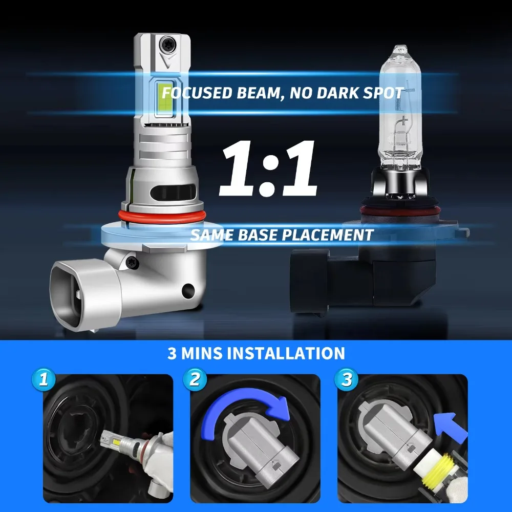 2Pcs CANBUS 9005 LED 오토바이 전구 6500K 30000LM 110W HB3 CSP LED 하이 로우 빔 램프 무선 미니 사이즈 팬 포함