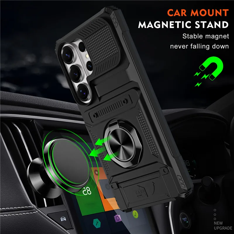 Armor Shockproof Magnetic Ring Stand Holder Case with Card Slot Wallet Back Cover