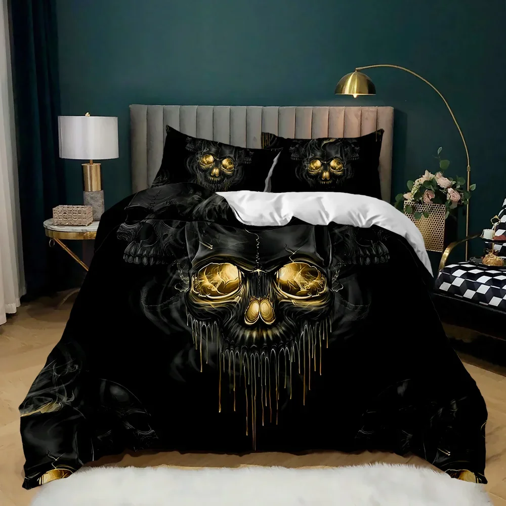 Skull Duvet Cover Set, Abstract Texture with Skull and Crossbones Pattern Aged Rusty Grunge Style 2/3pcs Polyester Bedding Set