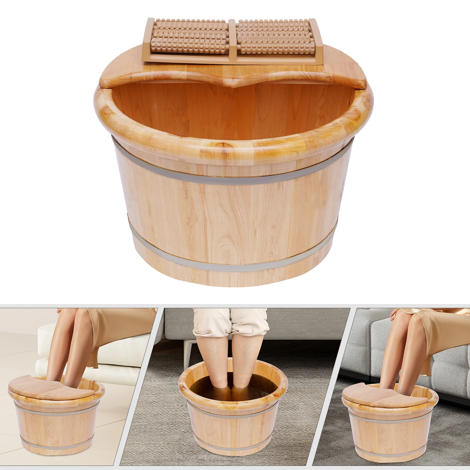 Foot Bath Bucket Cedar Wood Foot Basin Massage Bucket with Massager Cover Plate Portable Bath Basin