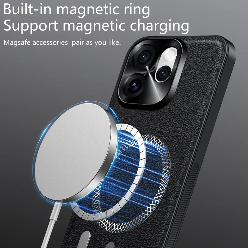 Luxury Leather Case with Magnetic Metal Ring, Anti-Drop & Anti-Fingerprint Protection
