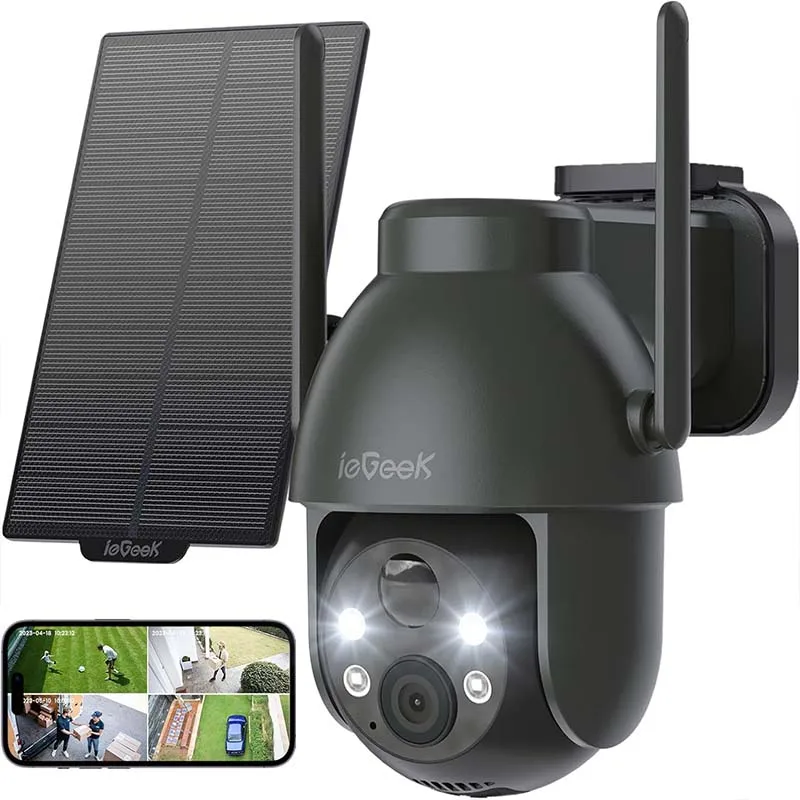 ieGeek 2K WiFi Solar Security Camera Outdoor Wireless, Battery Powered 3MP Surveillance Cam with 360° PTZ Color Night Vision